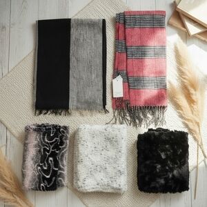 5‑Scarf Winter Bundle – Orange Plaid, Faux Fur & Infinity Styles One Size